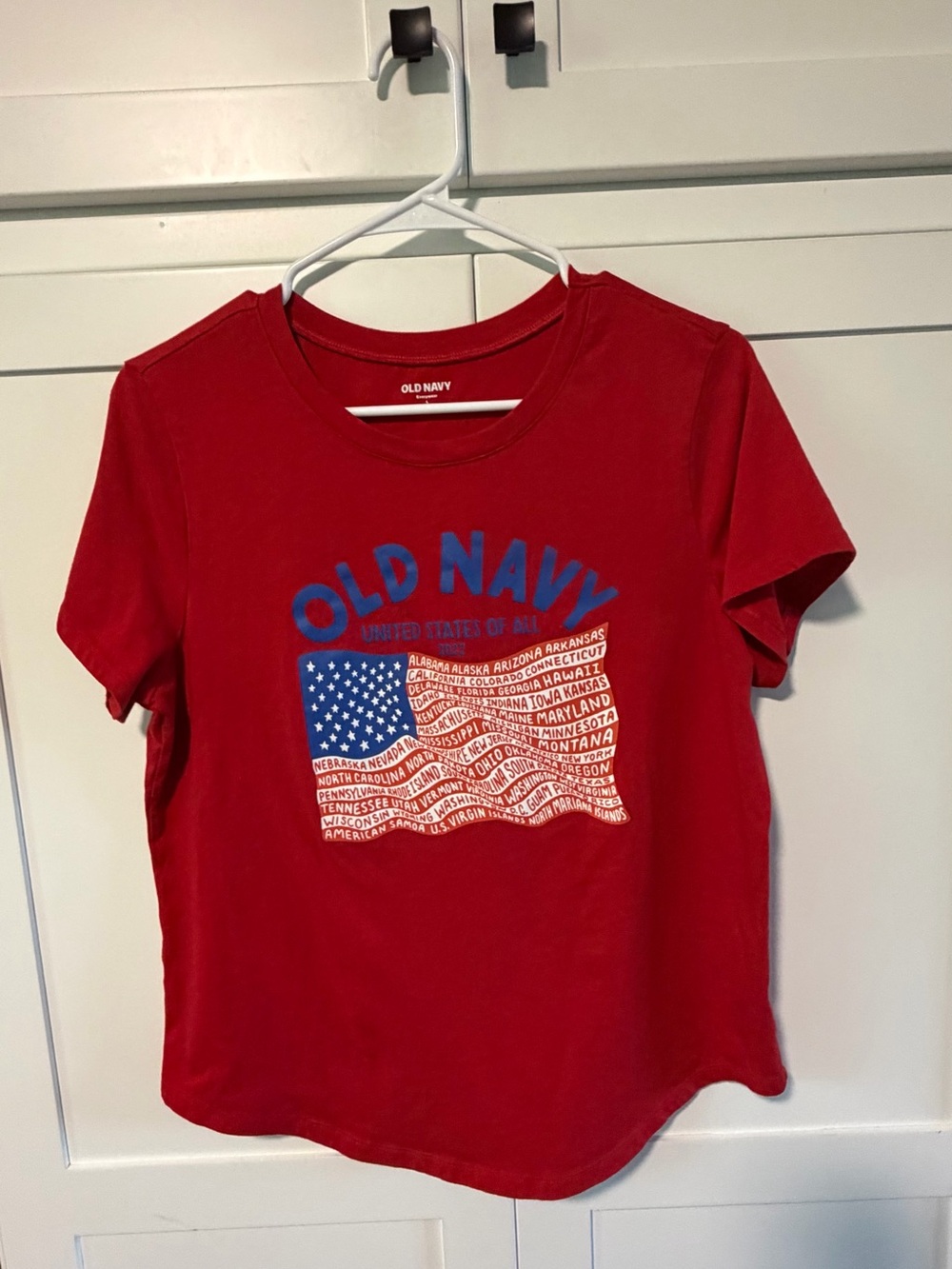 Old Navy Red Tee with Blue & White Flag Graphic